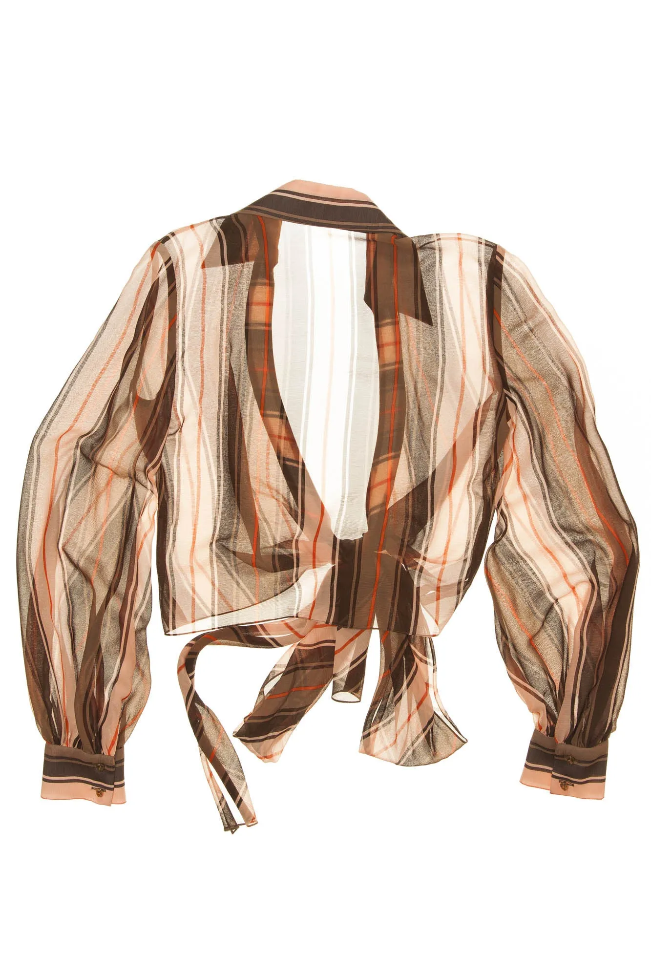 Caroline Herrera - Peach Brown Stripe Chiffon Tie Blouse -