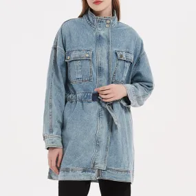 Casual Denim Long Coat Women Wholesale With Elastic Belt