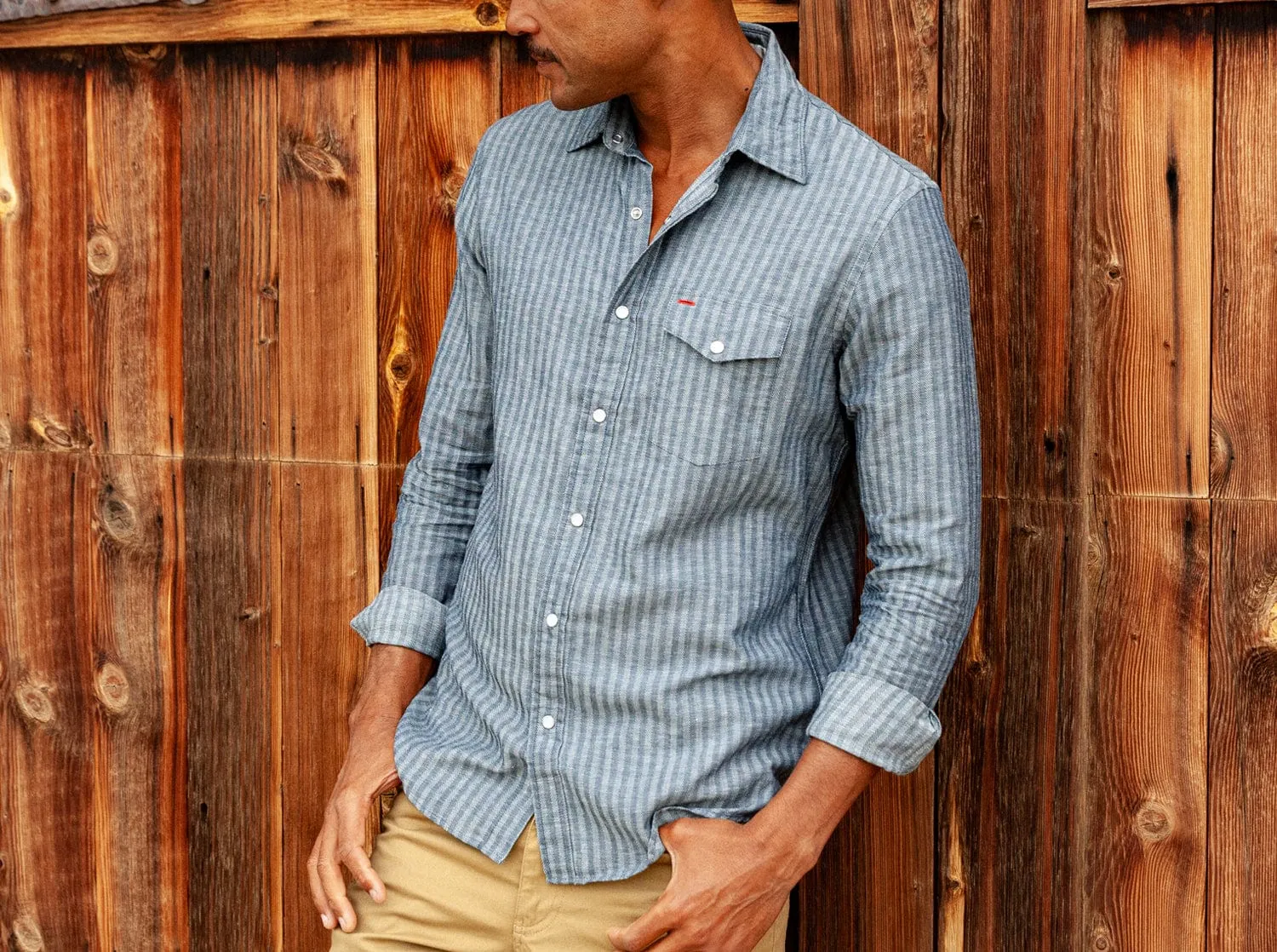 Chambray Stripe Pearl Snap - Navy