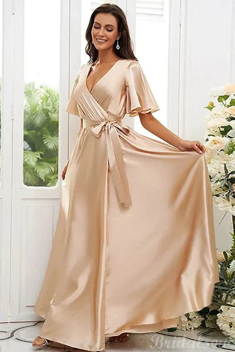 Champagne Aline Half Sleeves Formal Long Beach Bridesmaid Dresses BD111