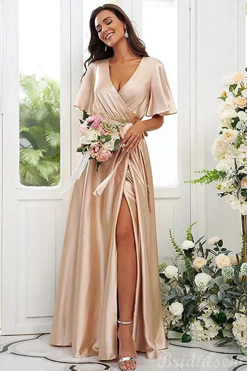 Champagne Aline Half Sleeves Formal Long Beach Bridesmaid Dresses BD111