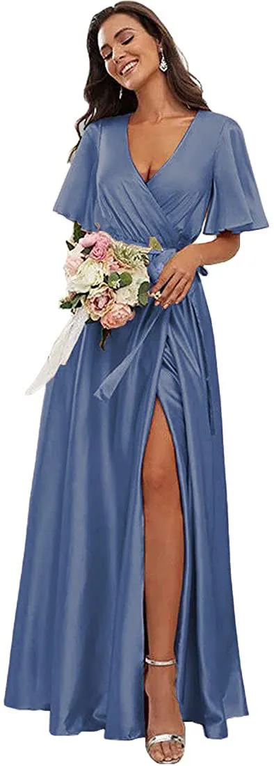 Champagne Aline Half Sleeves Formal Long Beach Bridesmaid Dresses BD111