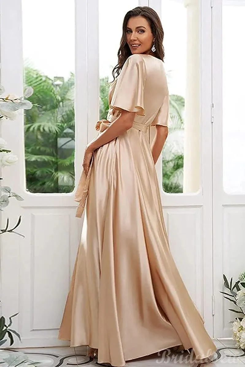 Champagne Aline Half Sleeves Formal Long Beach Bridesmaid Dresses BD111