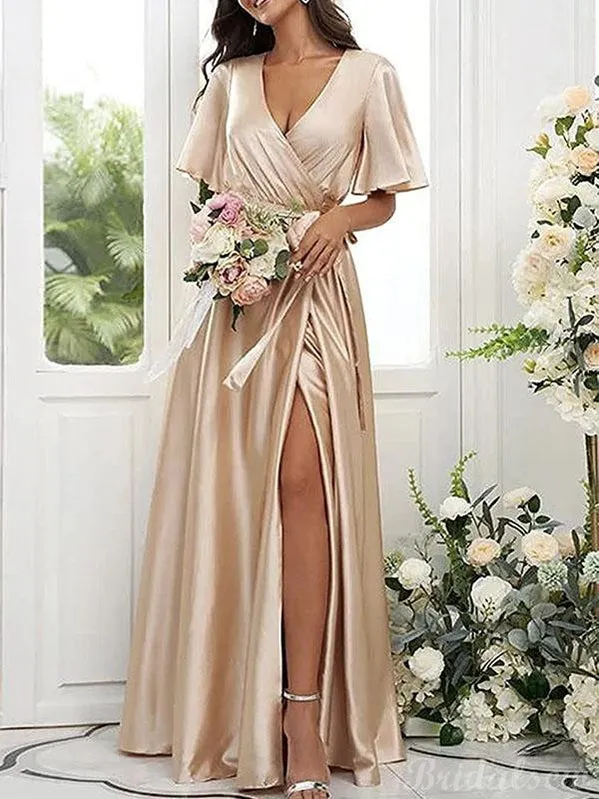 Champagne Aline Half Sleeves Formal Long Beach Bridesmaid Dresses BD111