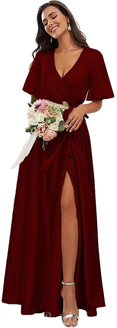 Champagne Aline Half Sleeves Formal Long Beach Bridesmaid Dresses BD111