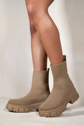 CHELSEA CHUNKY BOOT WITH KNITTED SOCK IN CAMEL