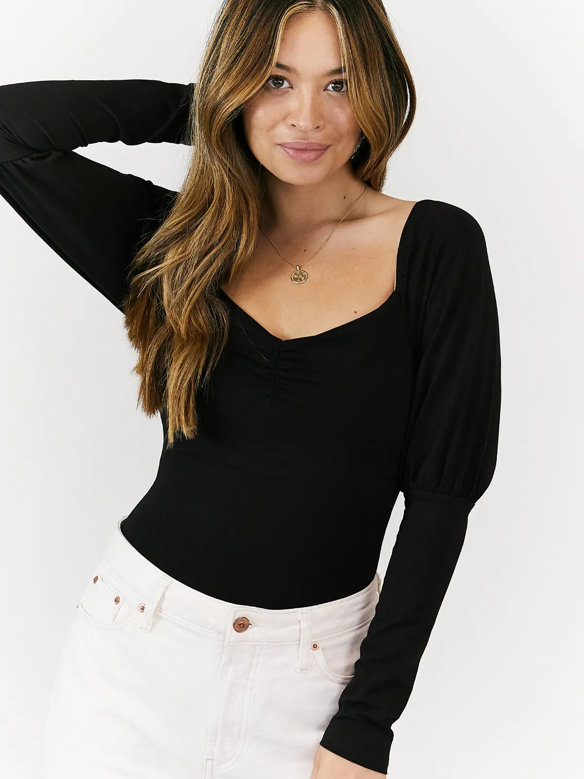 Chi Black Jersey Puff Sleeve Bodysuit