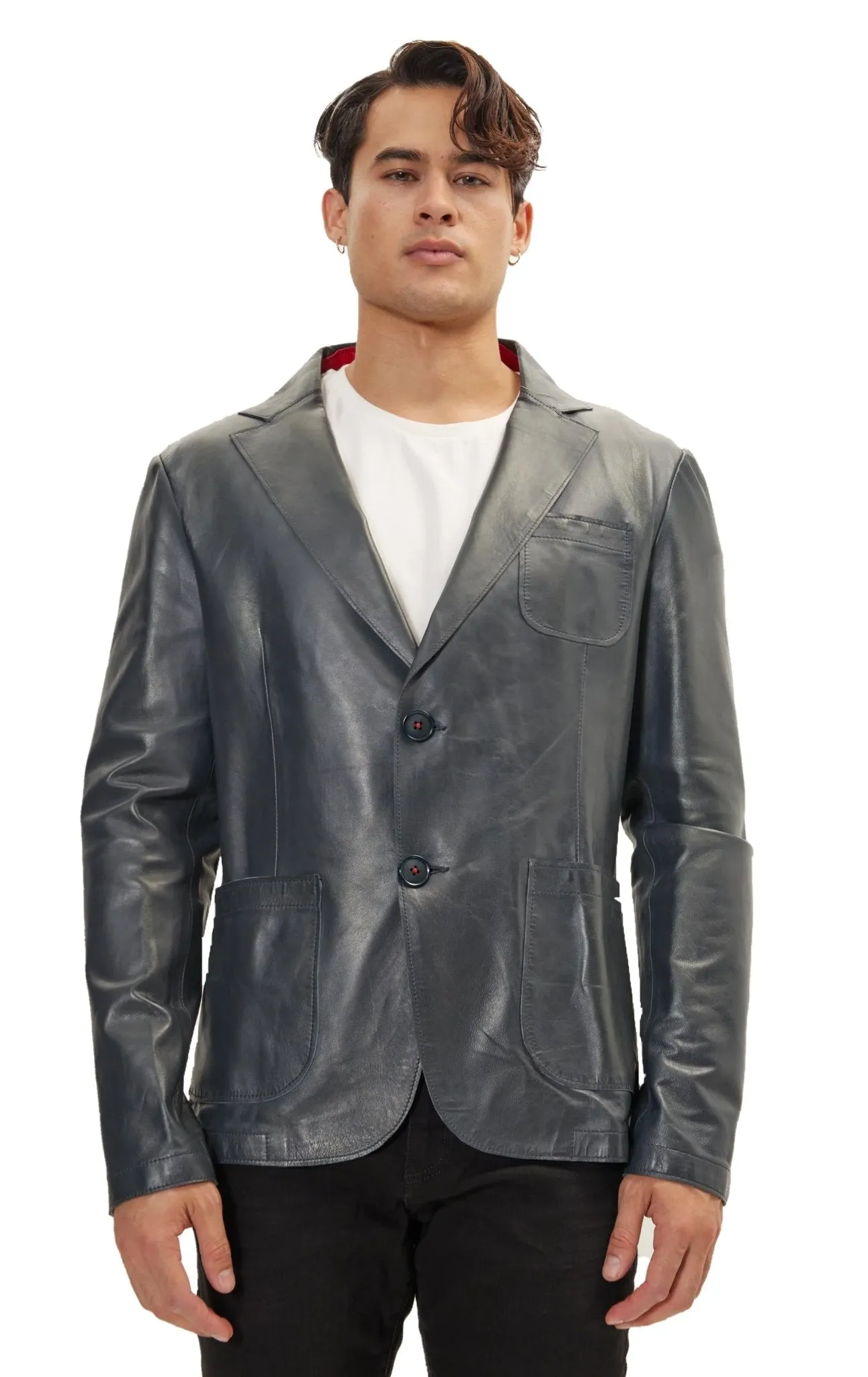 Classic Two-Button Leather Blazer - Navy