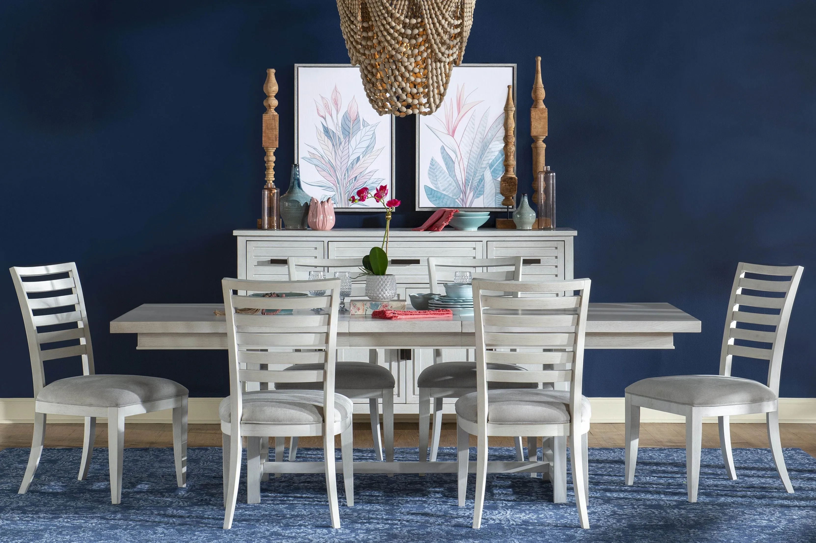 Coastal White Trestle 7-Pc Dining Set (Extendable Table 76"-112"  6 Chairs)