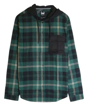 Contrast Pocket Plaid Hooded Shirt