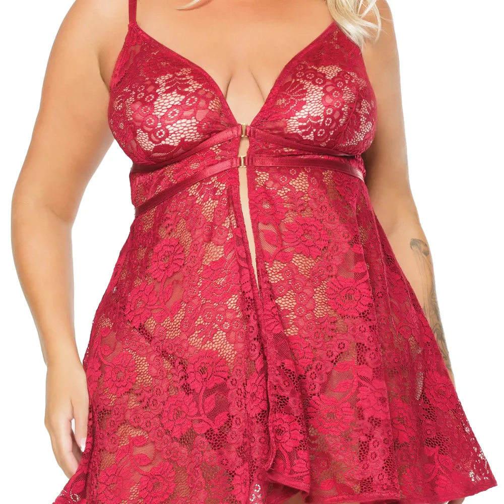 Coquette Split Front Lace Babydoll & Adjustable Thong - Curvy