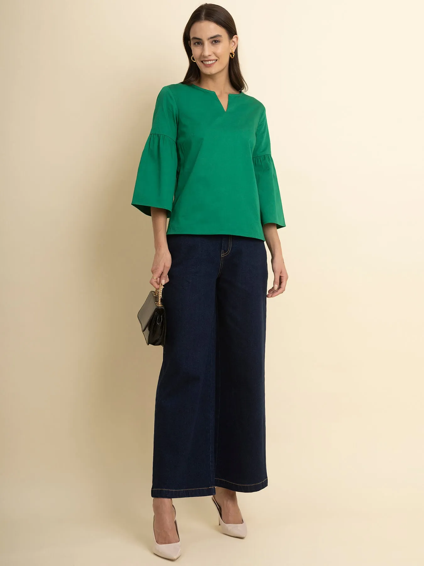 Cotton Gathered Sleeves Top - Green