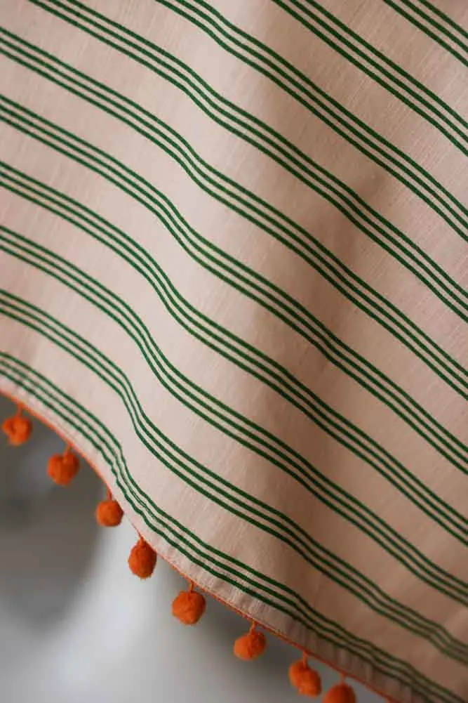 Cotton Green Stripe Table Cloth with Orange Pom-Poms