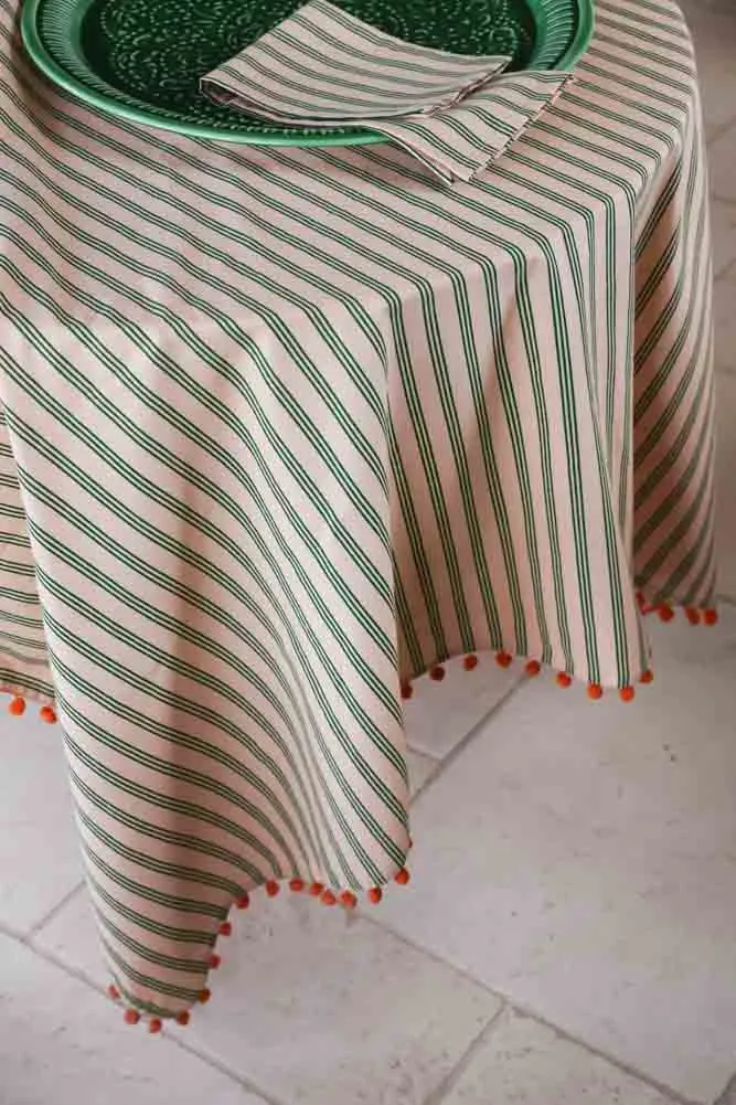 Cotton Green Stripe Table Cloth with Orange Pom-Poms