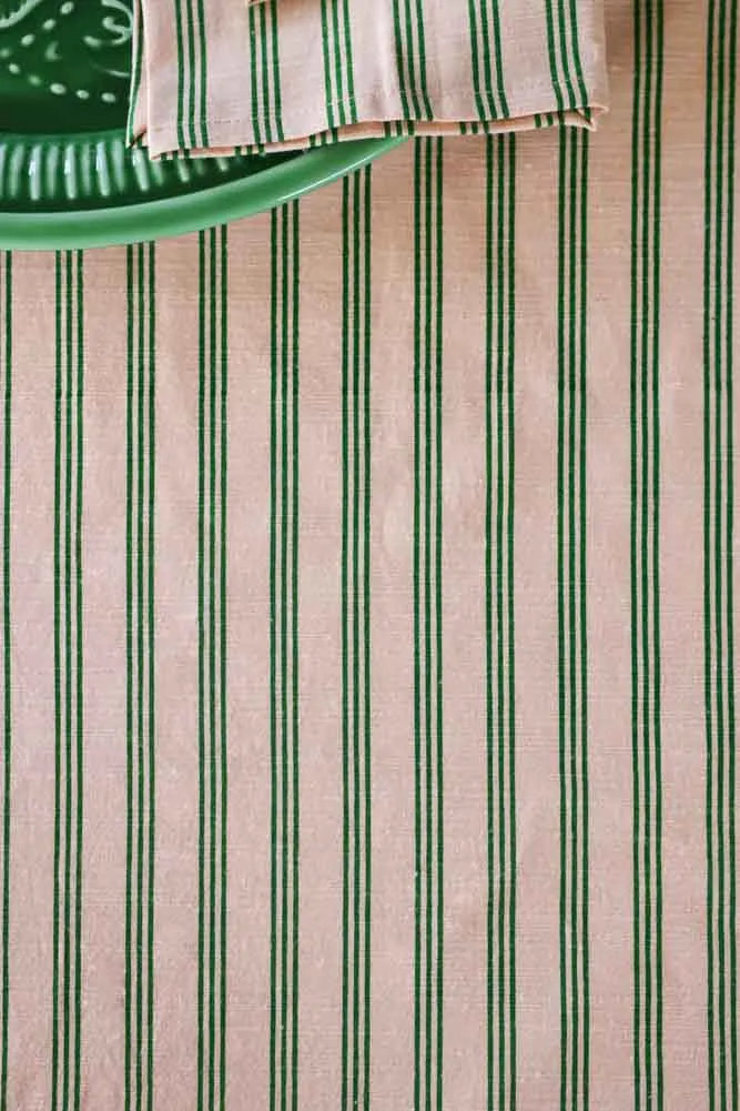 Cotton Green Stripe Table Cloth with Orange Pom-Poms