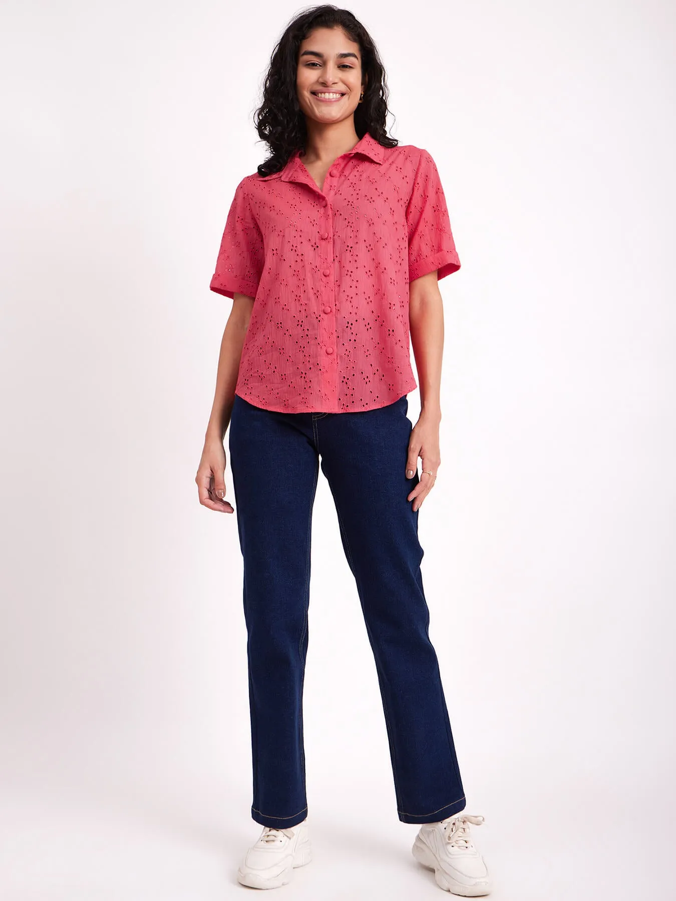 Cotton Schiffli Embroidered Shirt - Pink