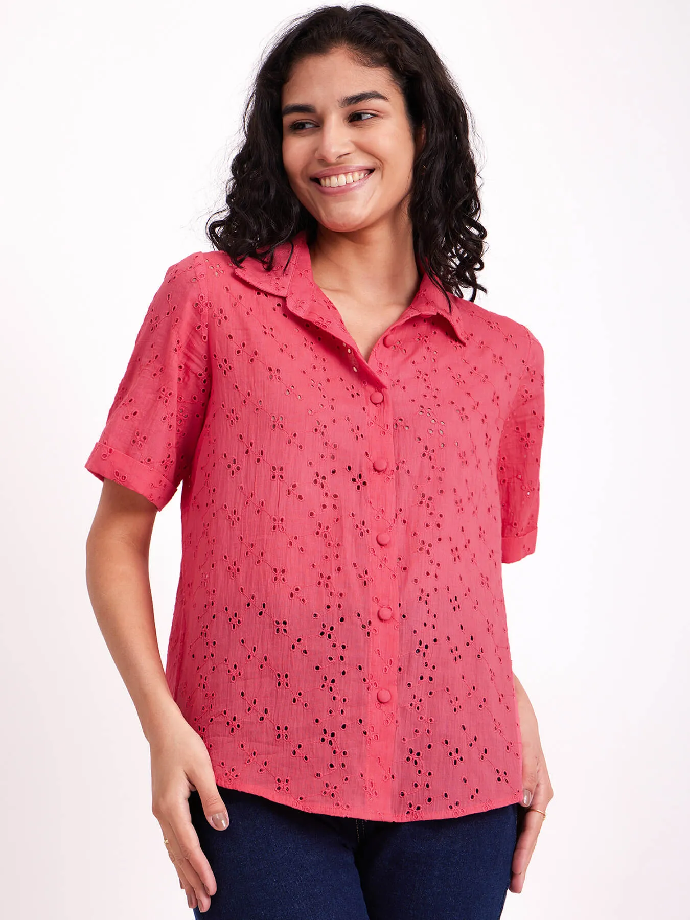 Cotton Schiffli Embroidered Shirt - Pink