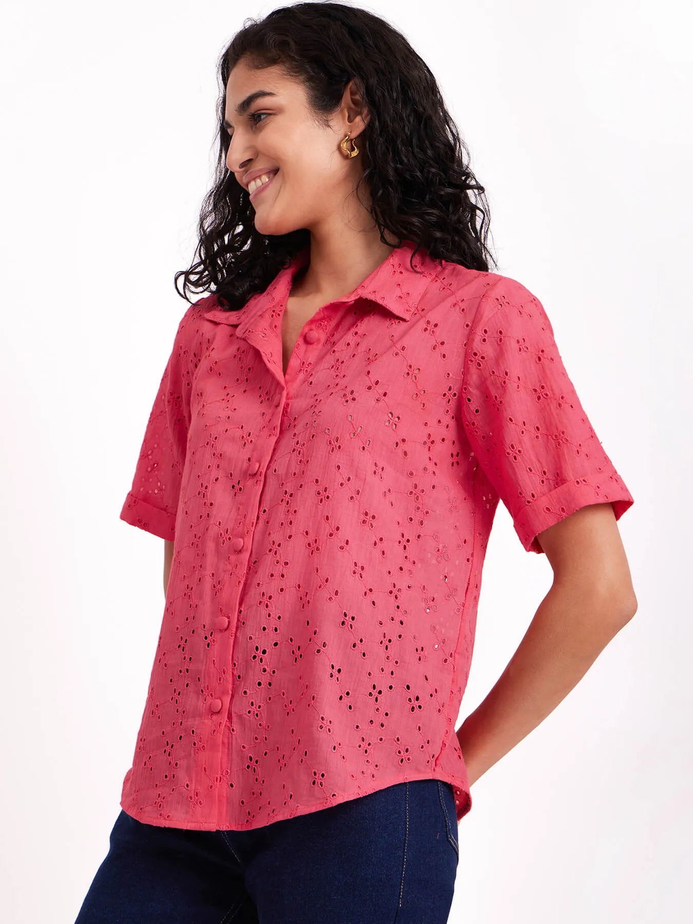 Cotton Schiffli Embroidered Shirt - Pink