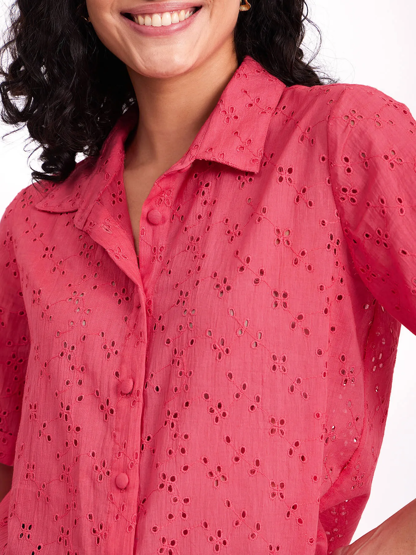 Cotton Schiffli Embroidered Shirt - Pink