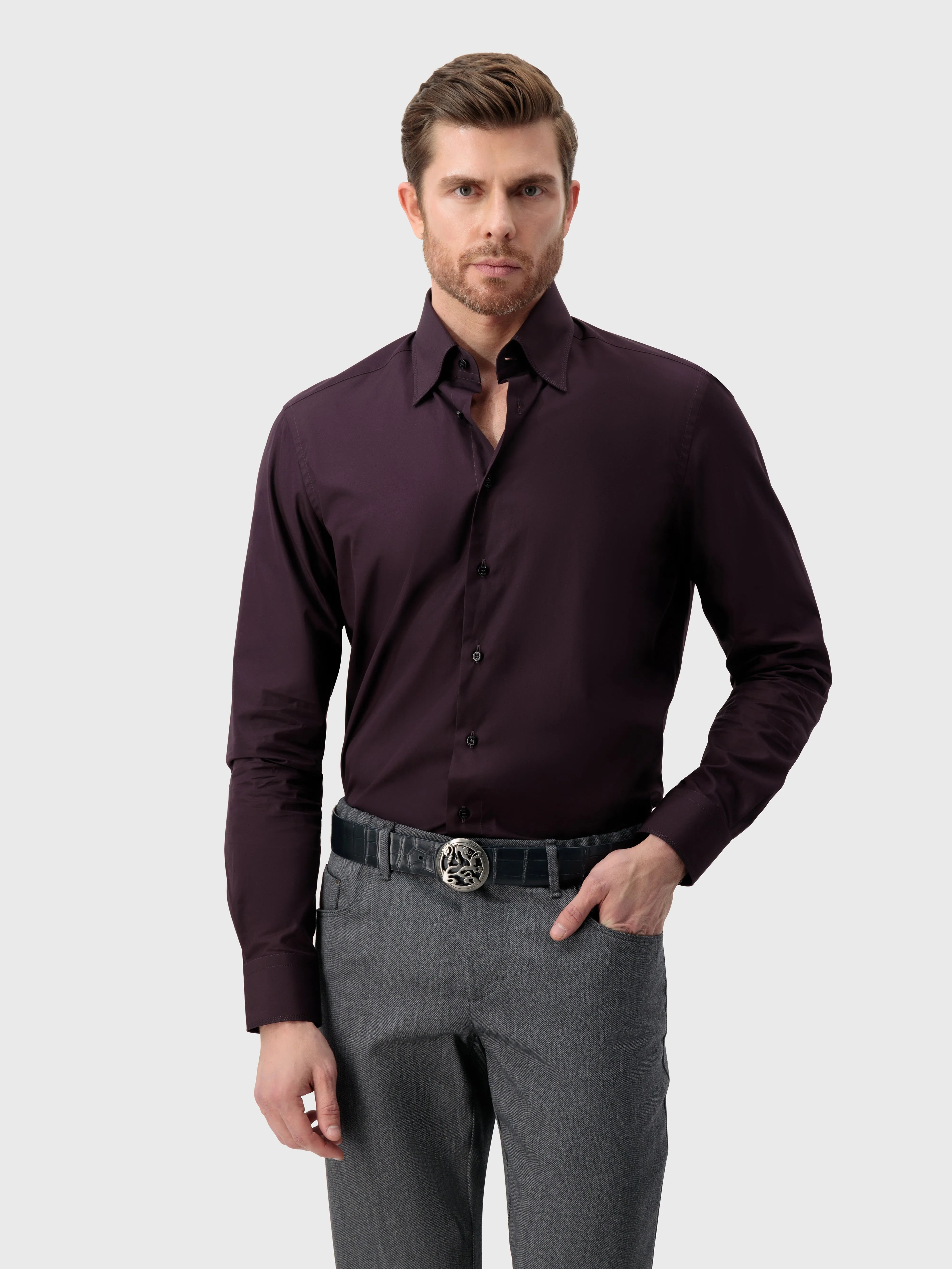 Cotton Shirt with Triple Stitching Aubergine