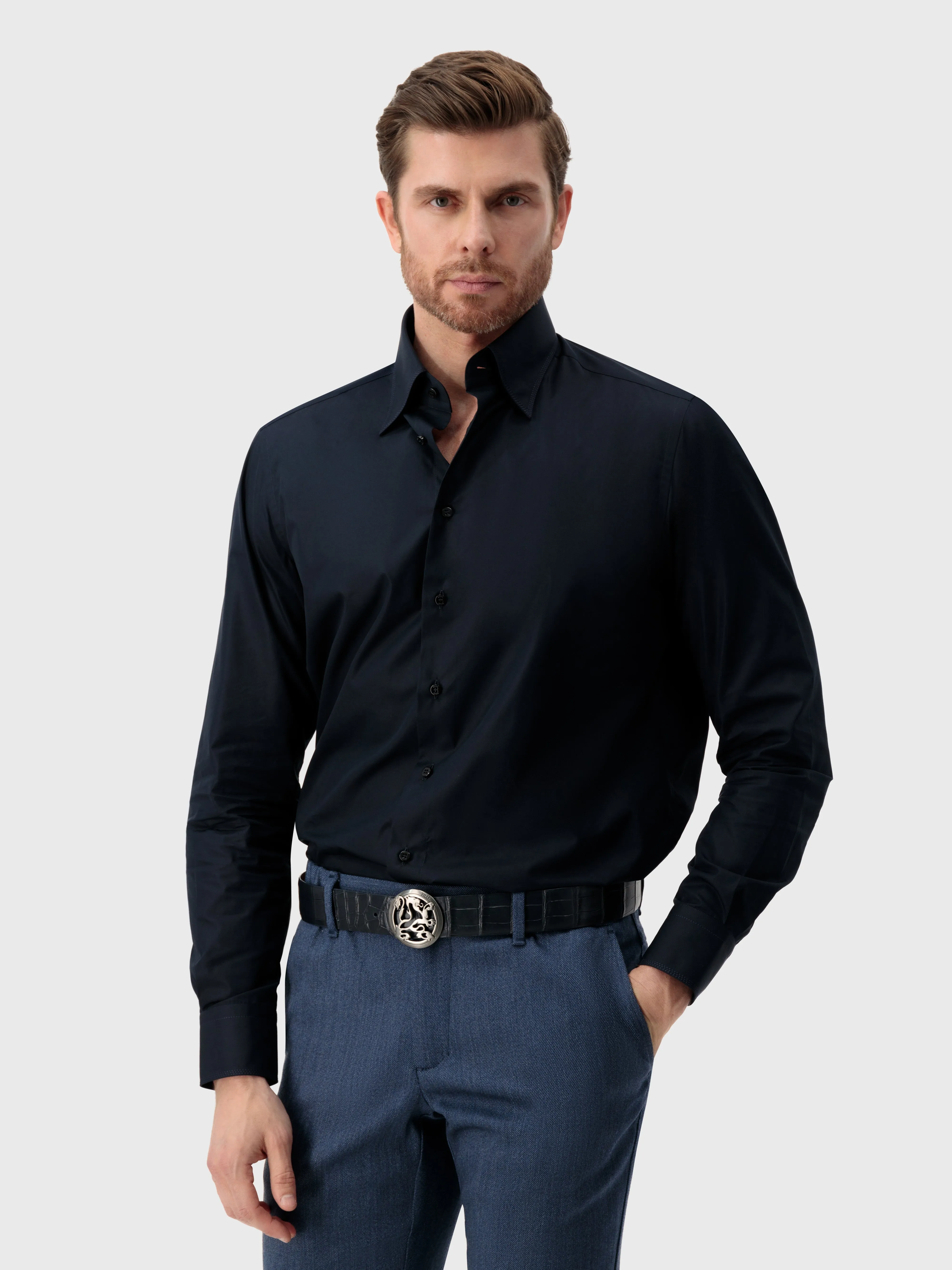 Cotton Shirt with Triple Stitching Dark Navy