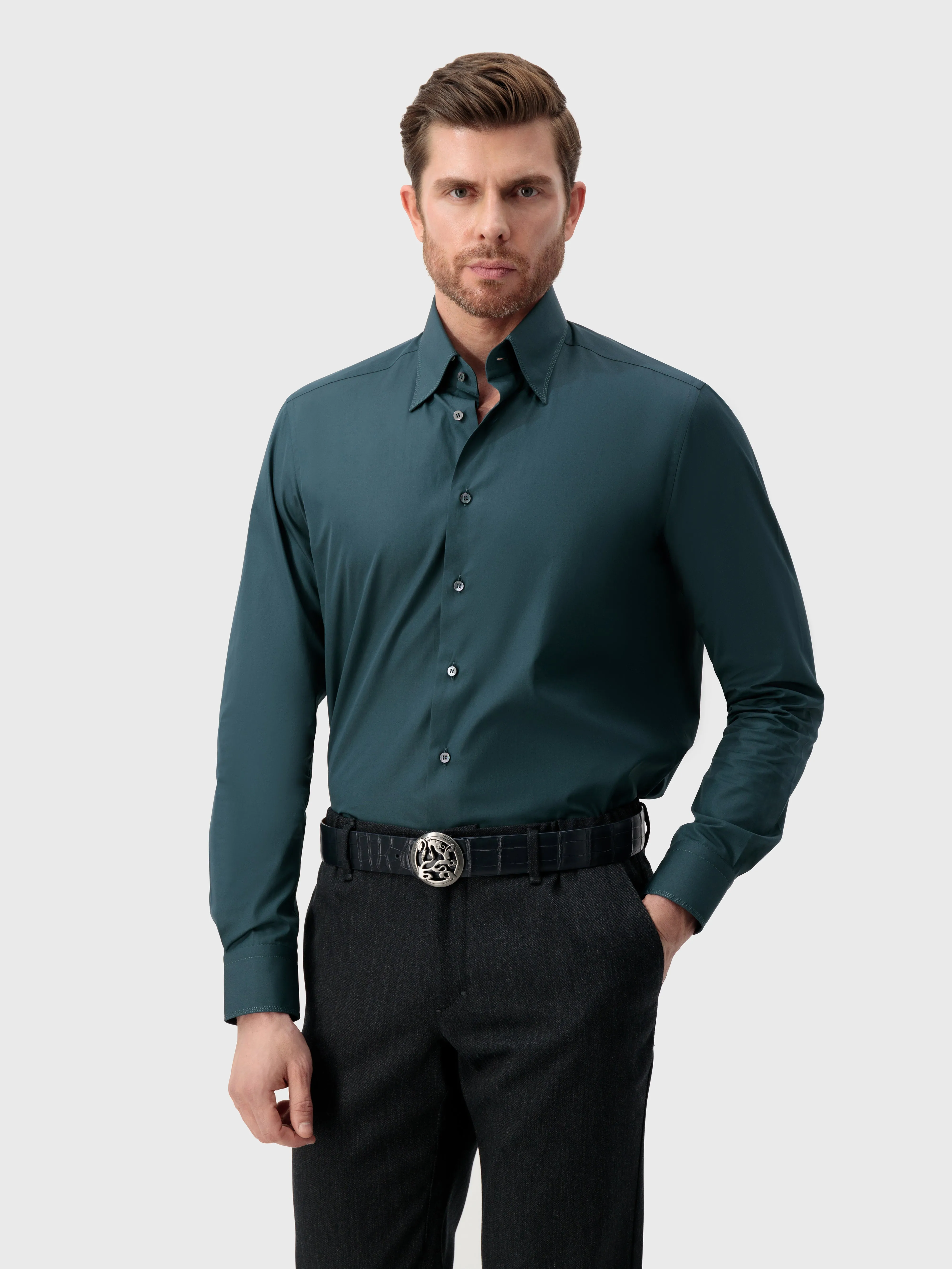 Cotton Shirt with Triple Stitching Dark Sage