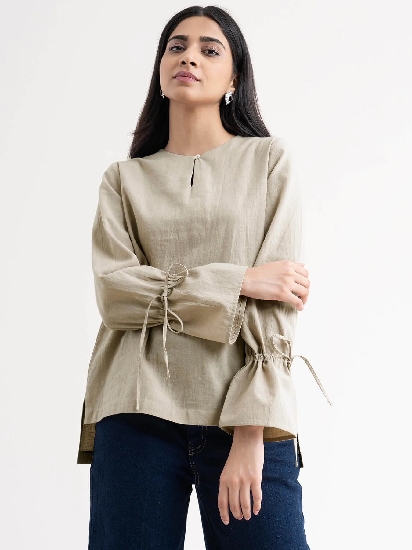 Cotton Tie Up Sleeve Top - Beige