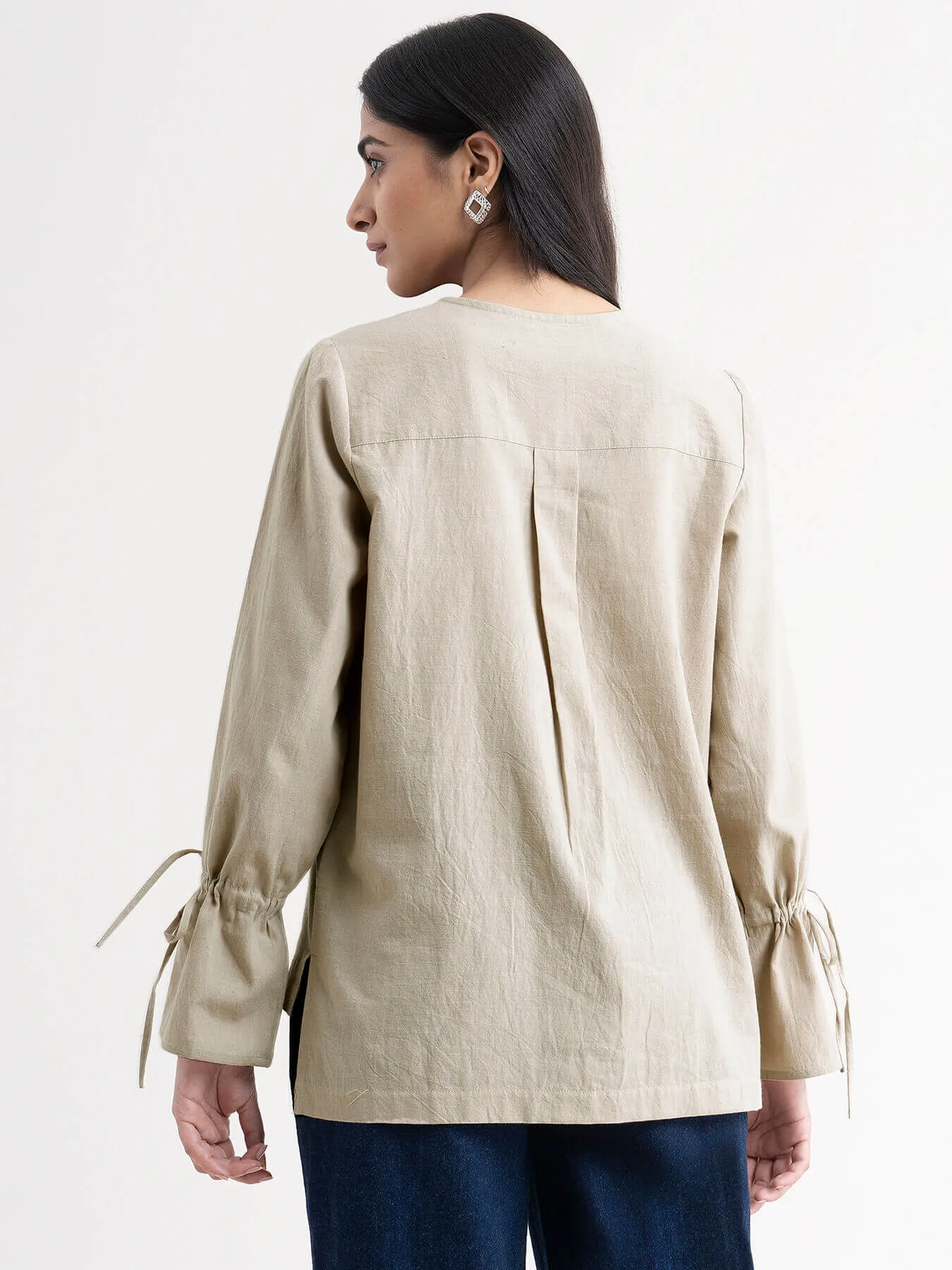 Cotton Tie Up Sleeve Top - Beige