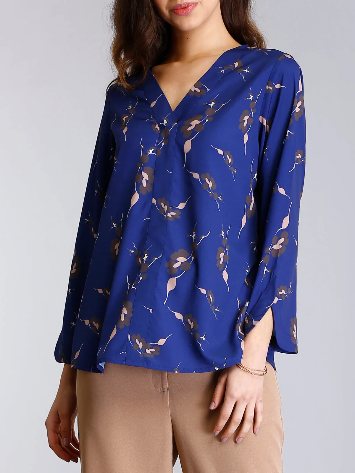 Cotton V Neck Top With Stylish Sleeves - Blue