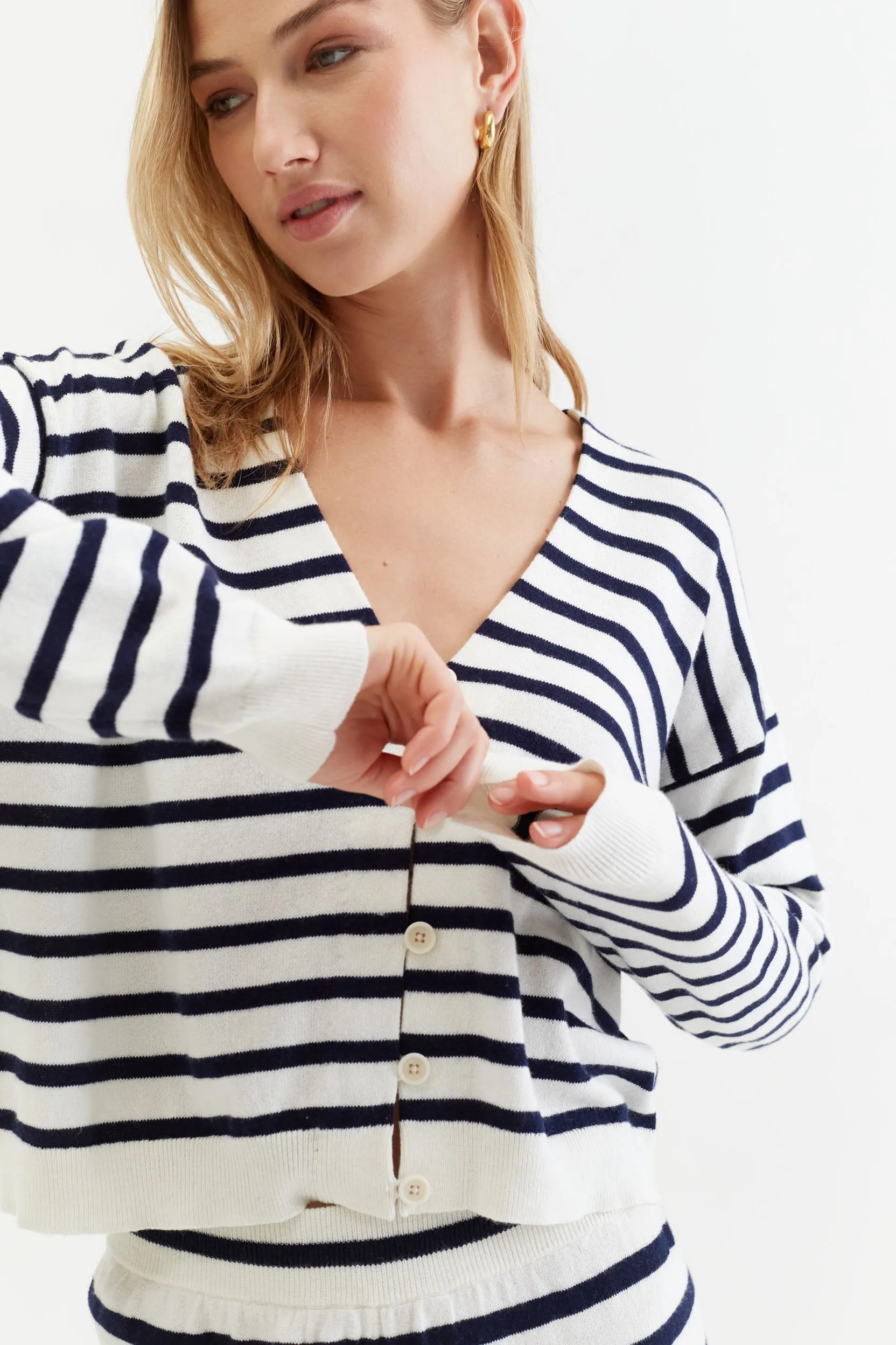 Cream Cotton-Linen Summer Breton Cardigan