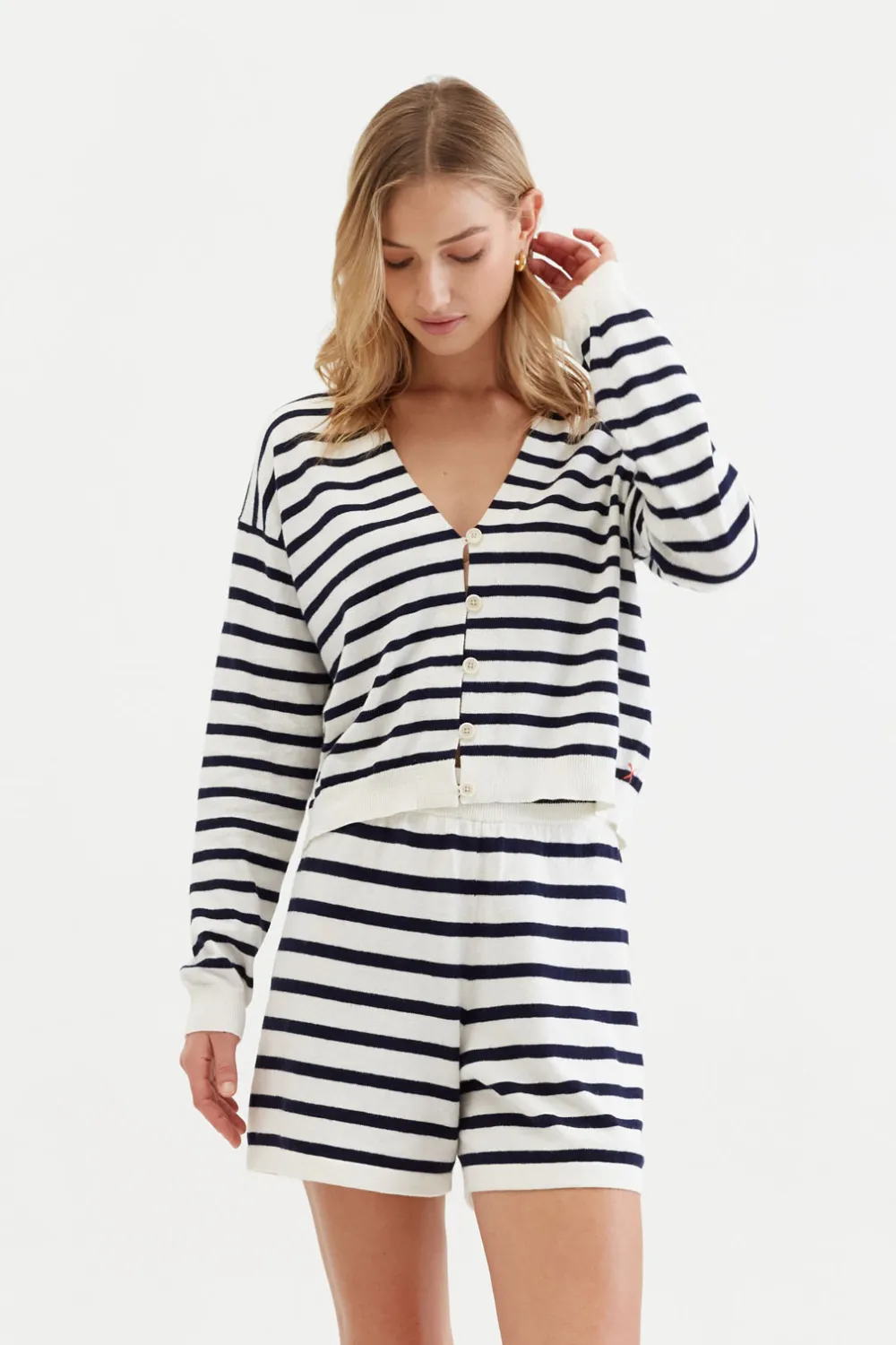 Cream Cotton-Linen Summer Breton Cardigan