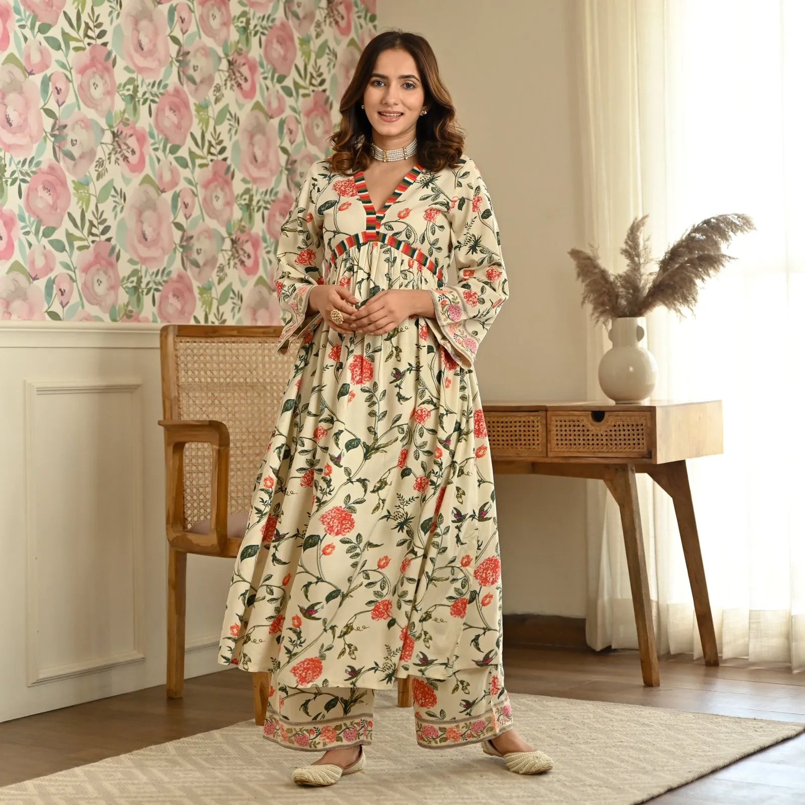 Cream Front Gathered Kurta Pant Co-ord Set