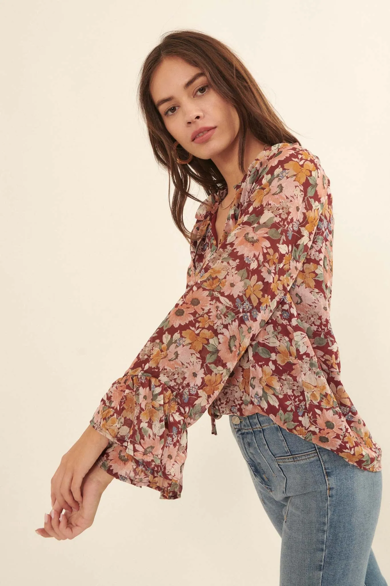 Day by Day Floral Chiffon Trumpet-Sleeve Top