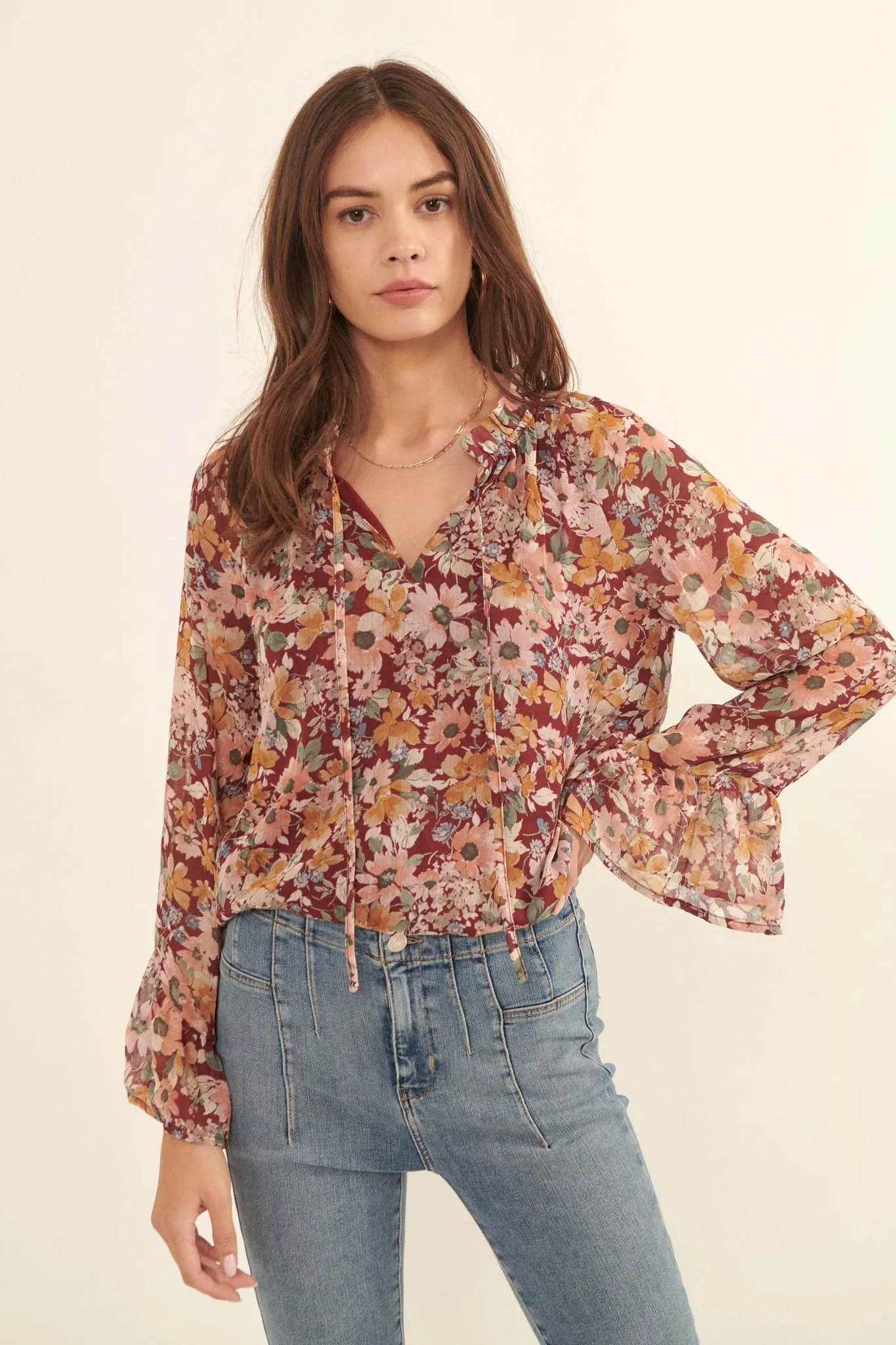 Day by Day Floral Chiffon Trumpet-Sleeve Top