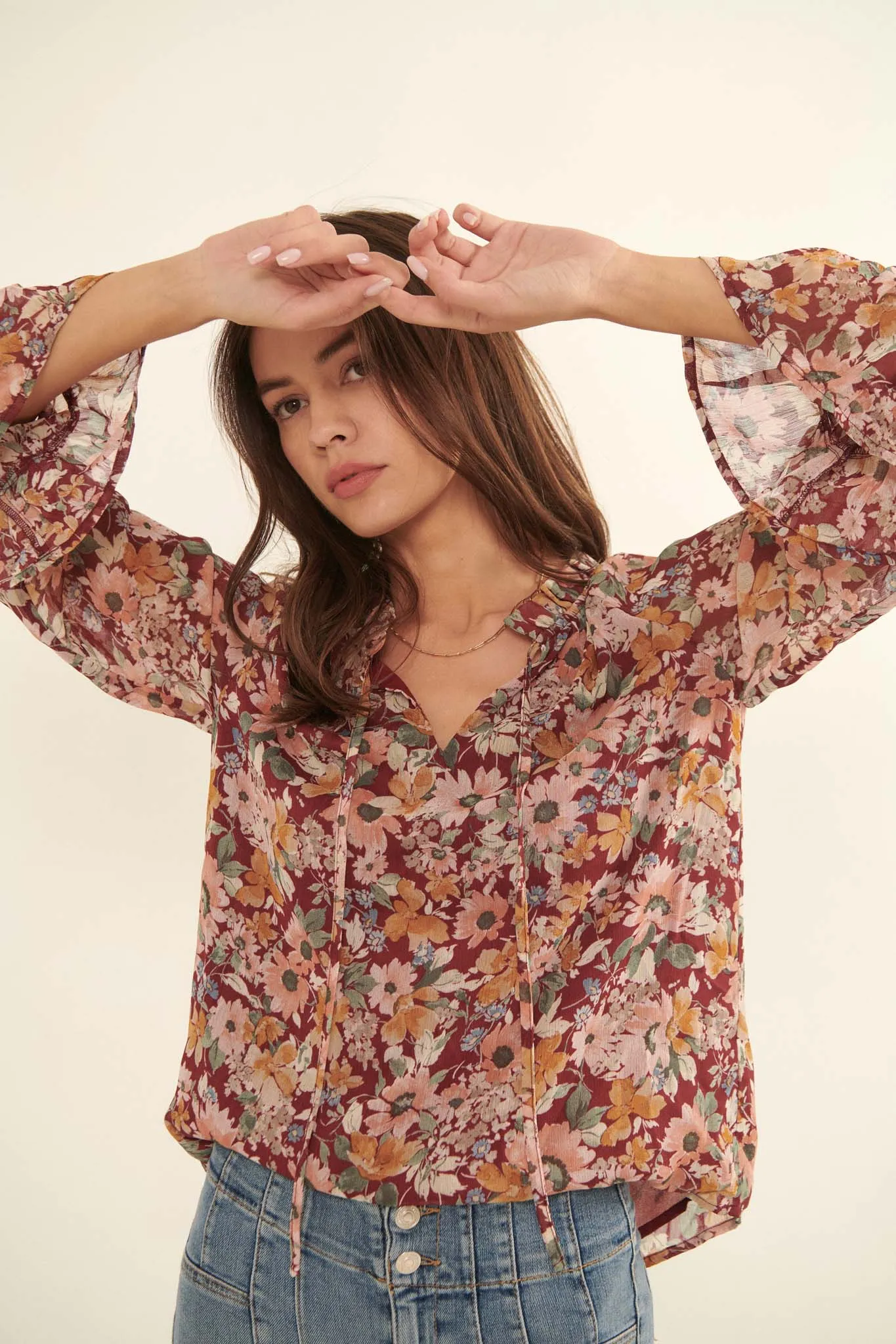 Day by Day Floral Chiffon Trumpet-Sleeve Top