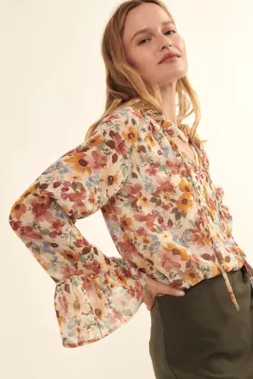 Day by Day Floral Chiffon Trumpet-Sleeve Top