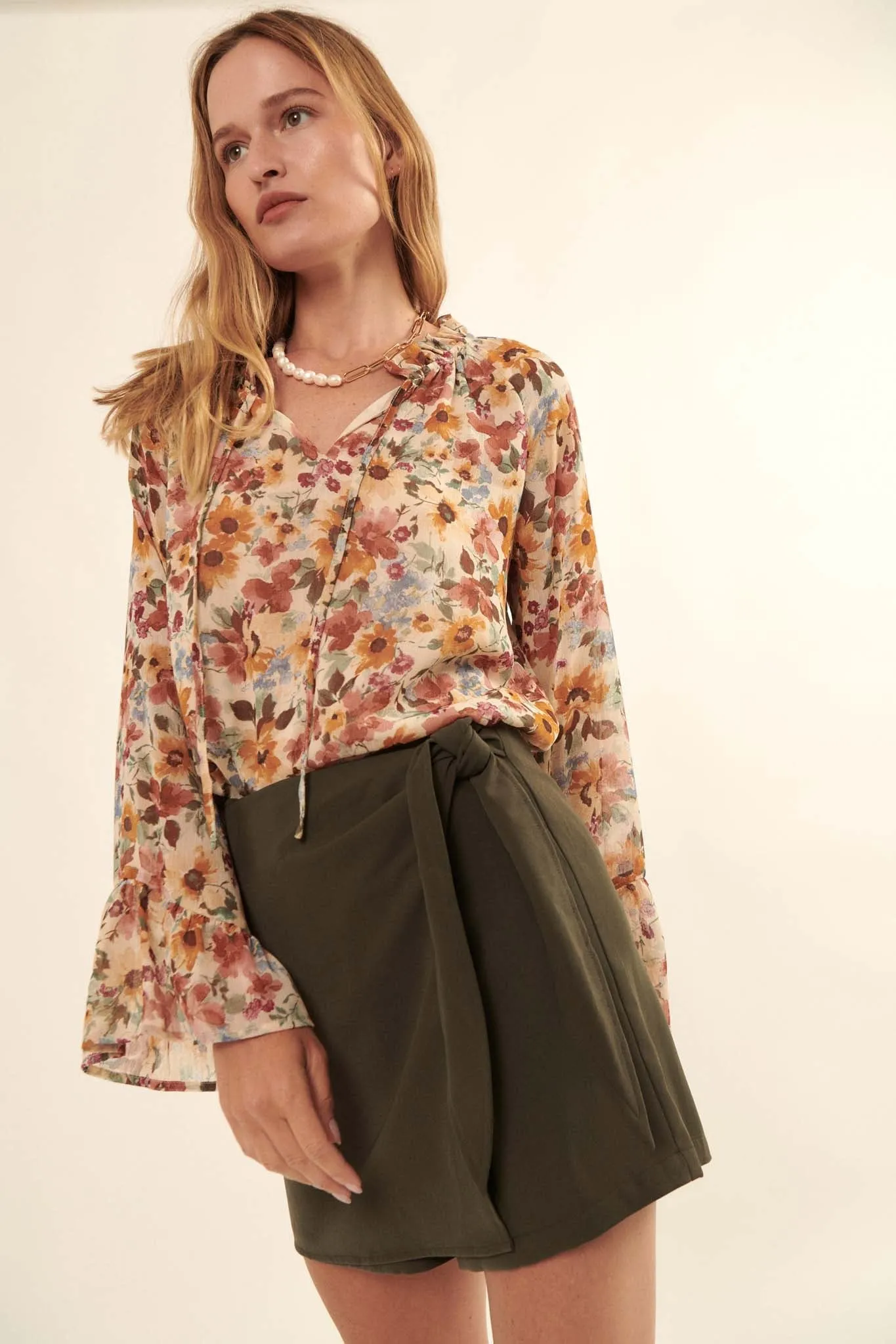 Day by Day Floral Chiffon Trumpet-Sleeve Top