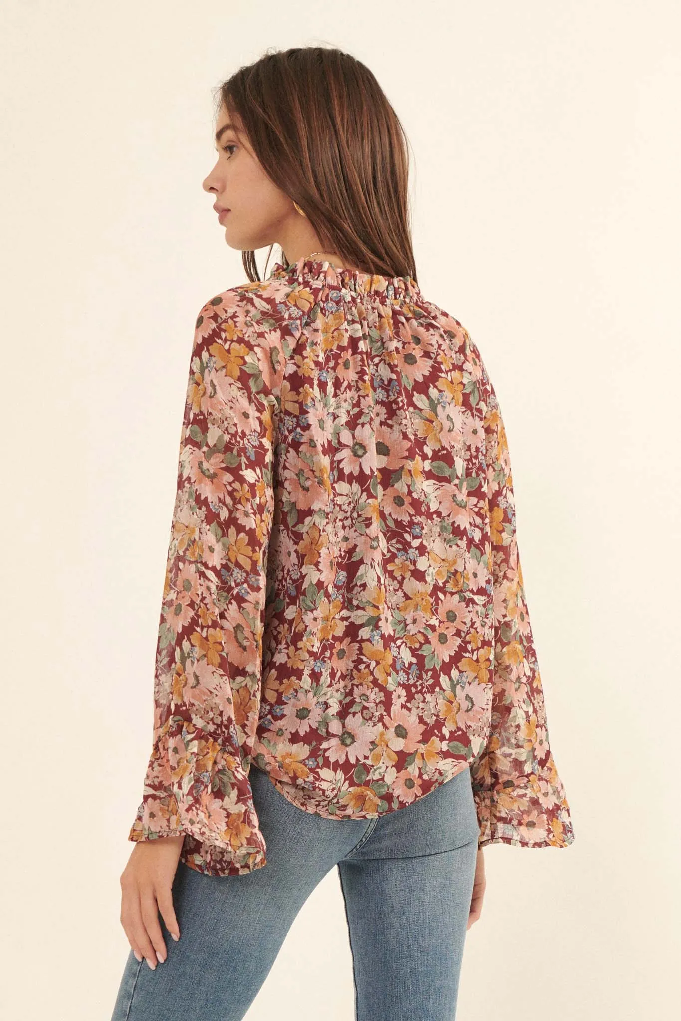 Day by Day Floral Chiffon Trumpet-Sleeve Top