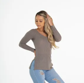 Deep Taupe Waffle Knit Long Sleeve