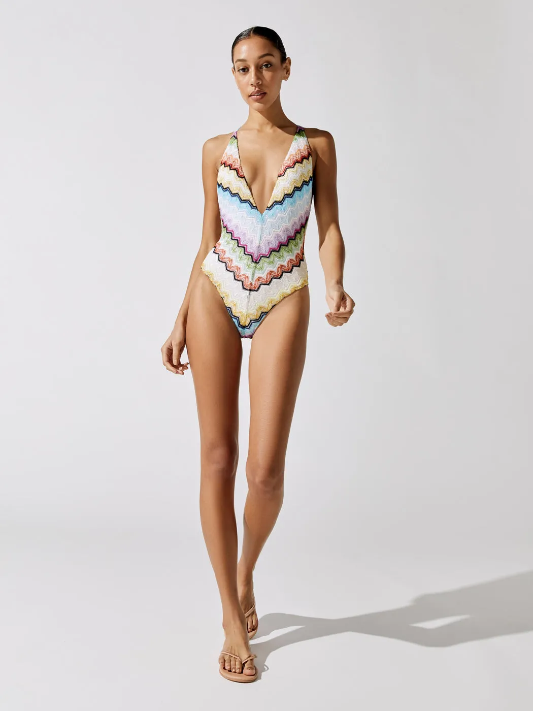 Deep V One Piece Swimsuit - Bright Multicolor