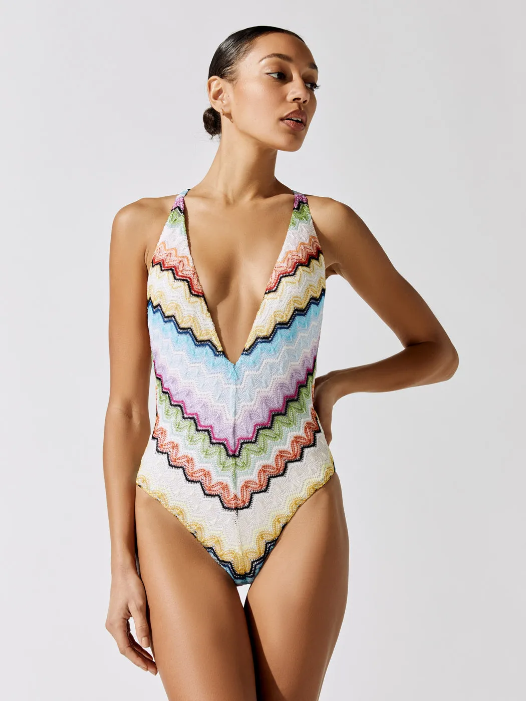 Deep V One Piece Swimsuit - Bright Multicolor