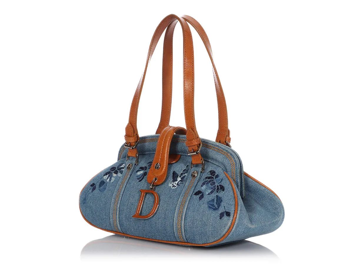 Dior Blue Floral Embroidered Denim Handbag