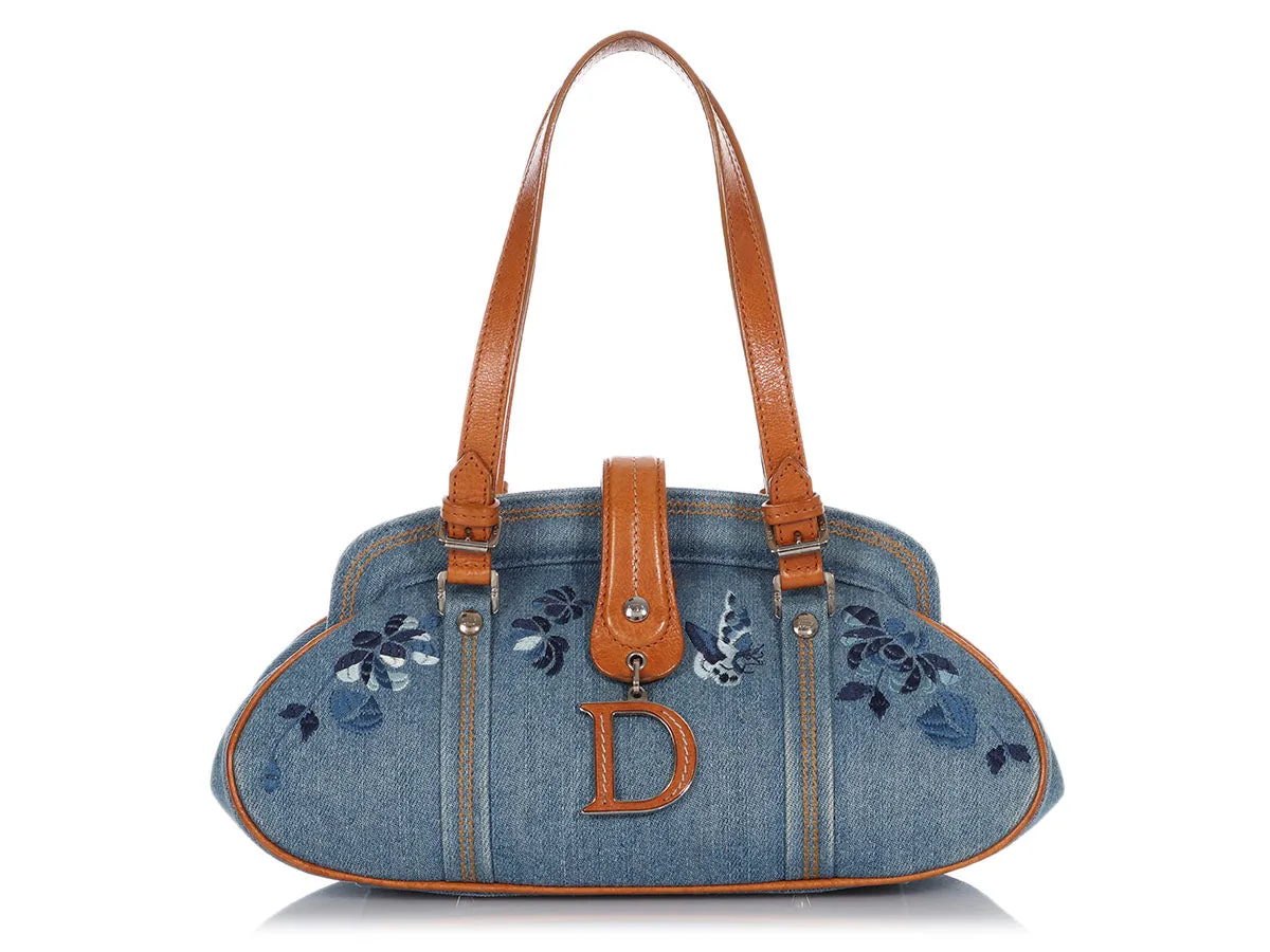 Dior Blue Floral Embroidered Denim Handbag