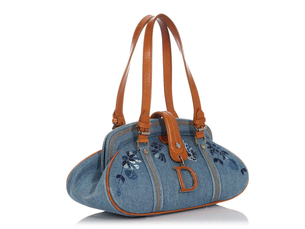 Dior Blue Floral Embroidered Denim Handbag