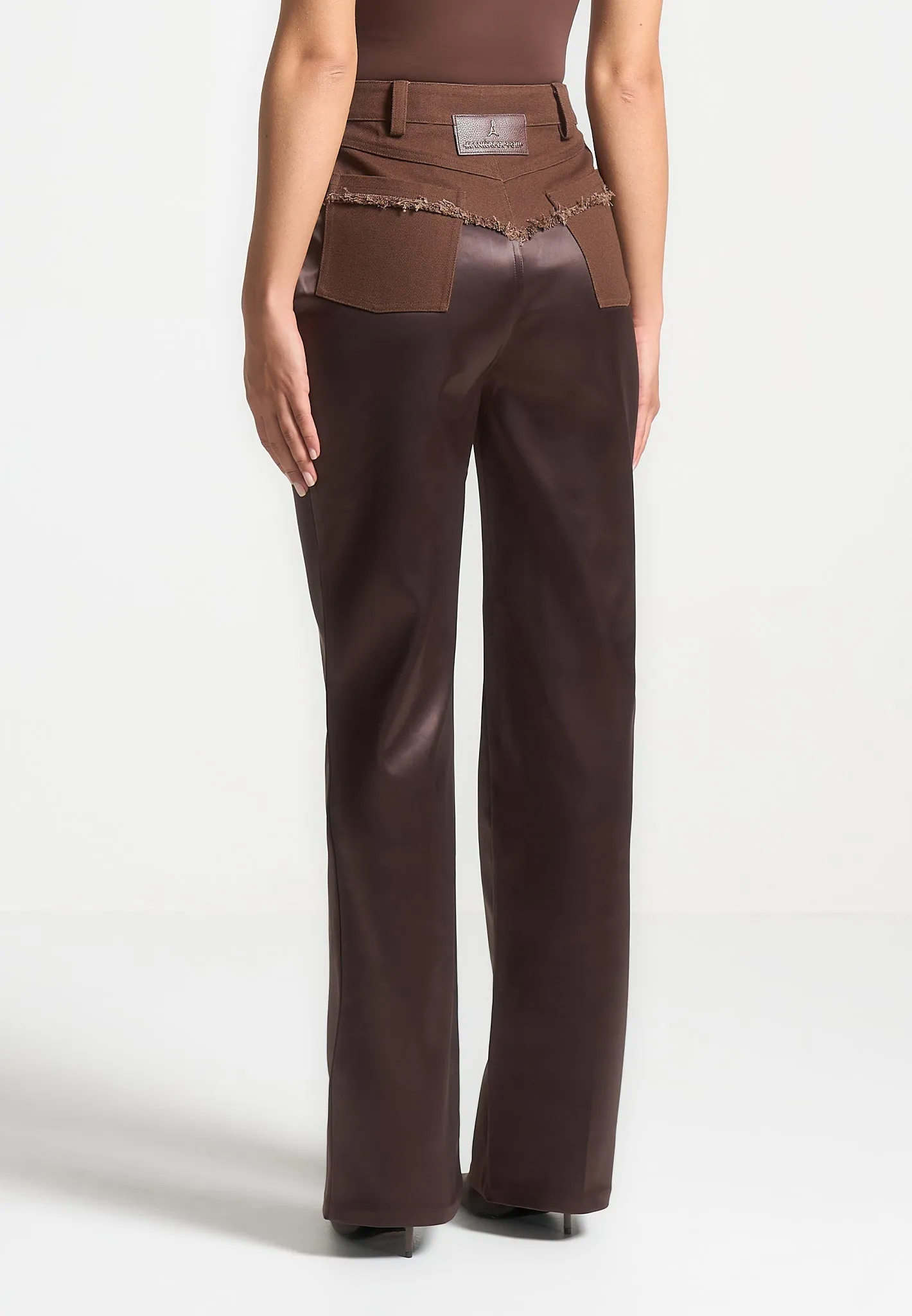 Distressed Drill & Satin Trousers - Brown