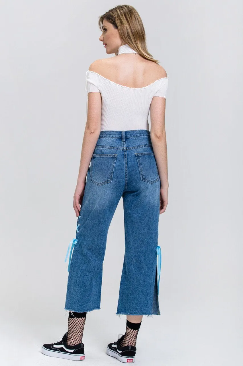 Distressed Side Slit Lace Cropped Palazzo Jeans