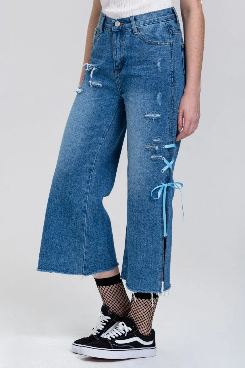 Distressed Side Slit Lace Cropped Palazzo Jeans