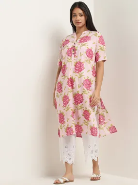 Diza Pink Floral Printed Straight Cotton Kurta