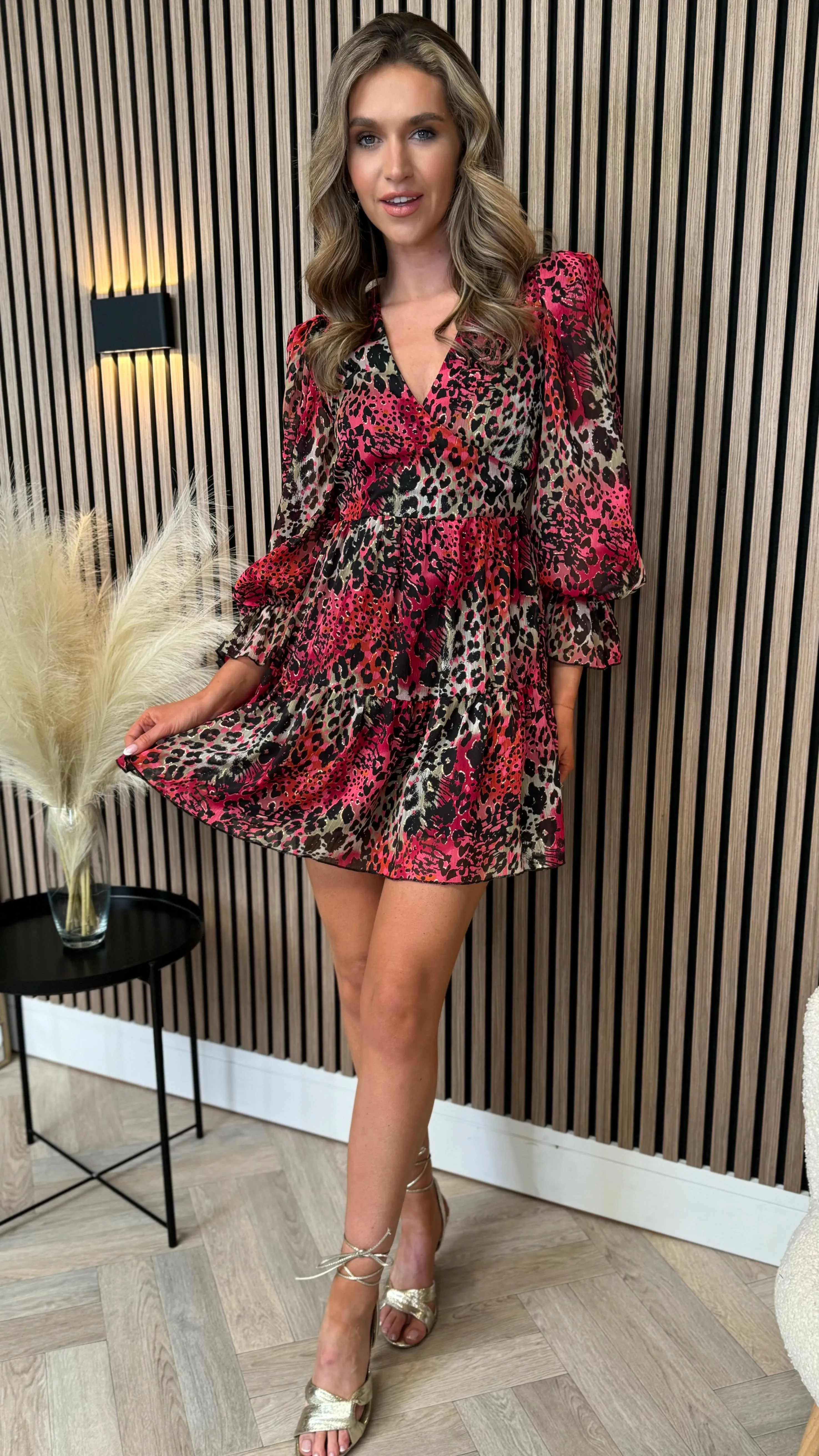 Edyn Red Long Sleeve Animal Print Mini Dress