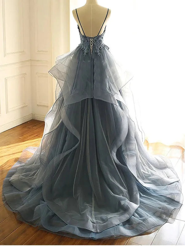 Elegant Grey Blue Spaghetti Straps Tulle A-line Long Prom Dresses Formal Dress, OL728